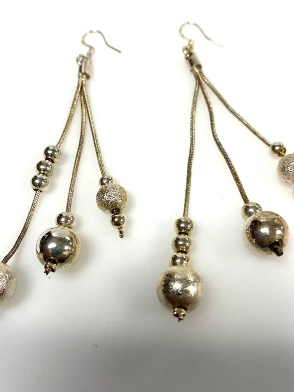 m947 Vintage 925 Sterling Silver 3-strand Long Pierced Dangle Earrings